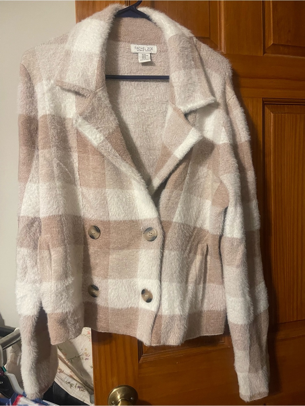 Women’s Soft Cream and Tan Plaid Double-Breasted Short Pea Coat